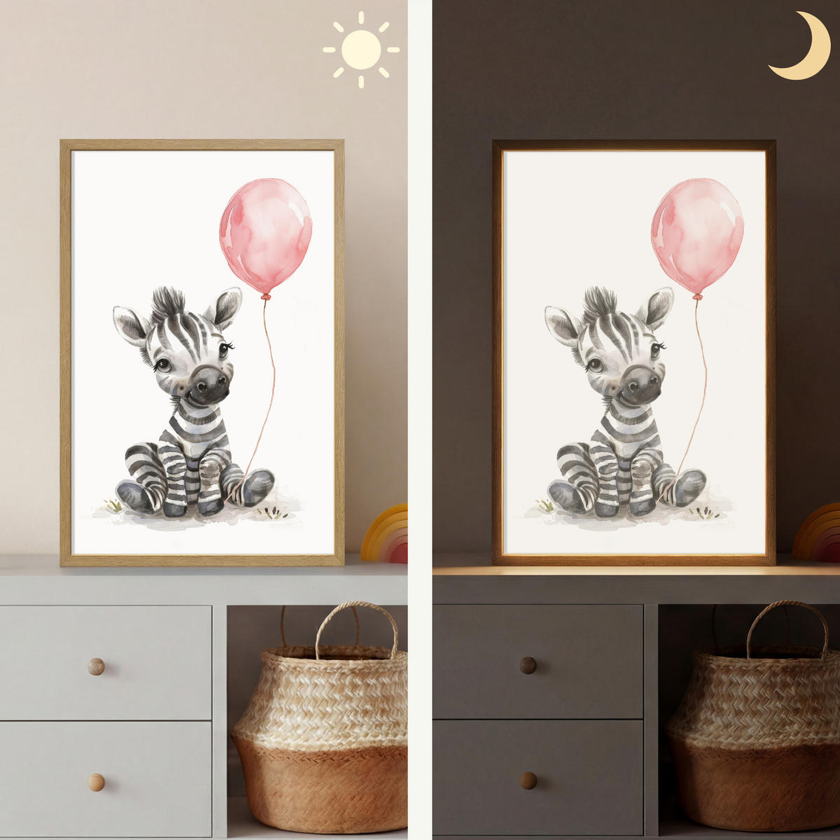 WANDLEUCHTE MIT AKKU Zebra - Baby - Tiere - Rosa Luftballon 40x60 cm - Weiß, Holzwerkstoff (40/60/8cm) - OnlyWow