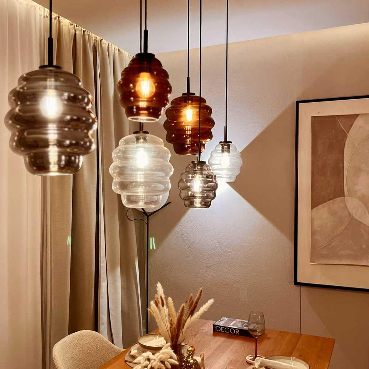 ECHOS jedálenská stolová lampa 8 svetiel 200cm 3-radová Ø 25cm - biela/antracitová, sklo (25/25/28cm) - s.luce