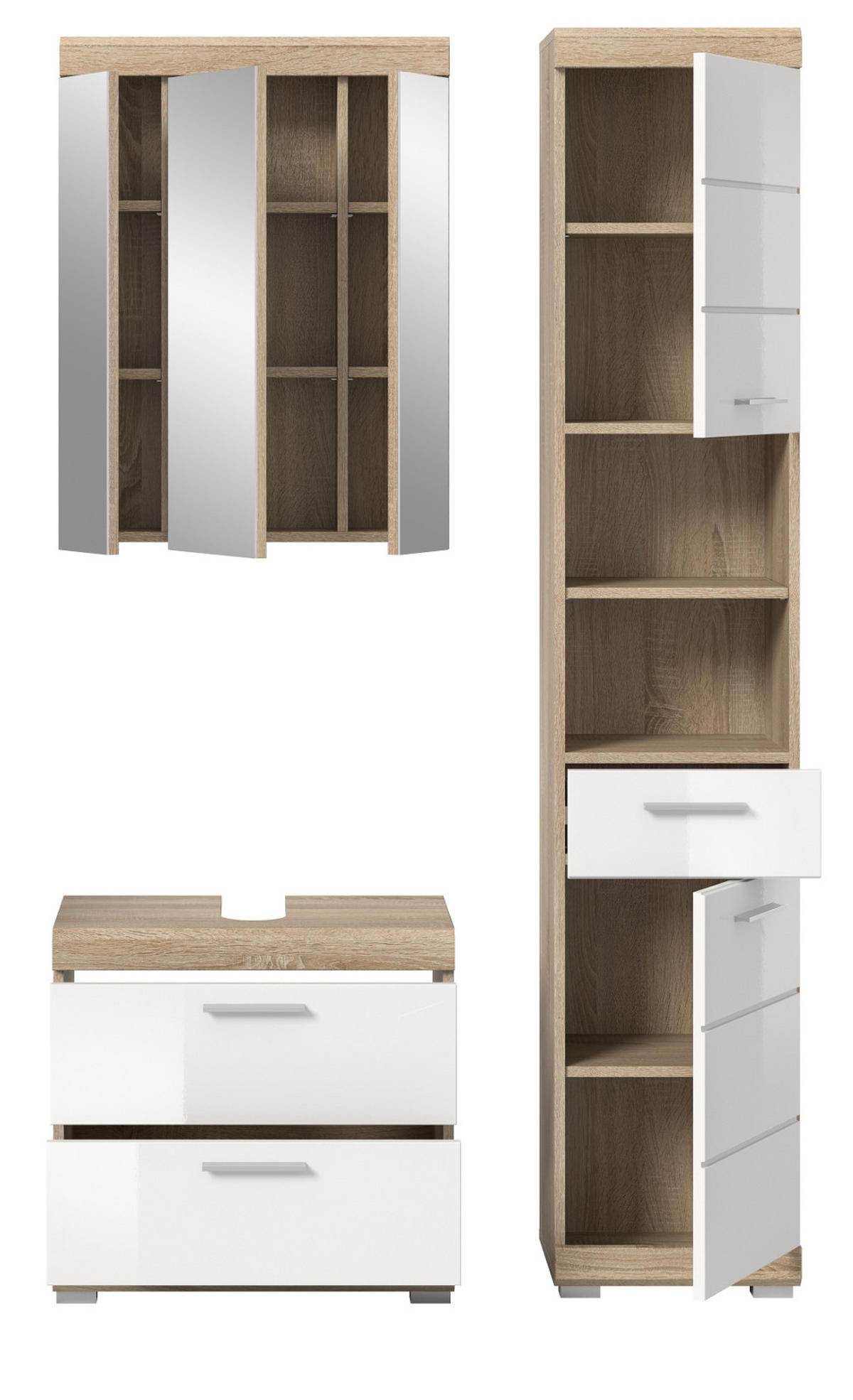 BADMÖBEL-SETweiß Hochglanz, Eiche 3-teilig 112 cm, viel Stauraum - Weiß Hochglanz/Eichefarben, Holzwerkstoff (112/191/37cm) - Inn.Furn