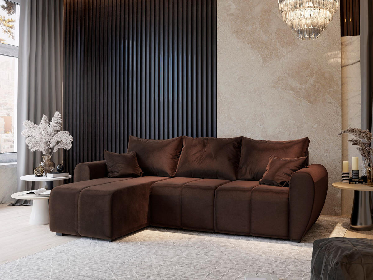 ECKSOFA MADISON Braun Plüsch-Stoff mit Schlaffunktion - Braun, Holz (246/143cm) - MASSENO