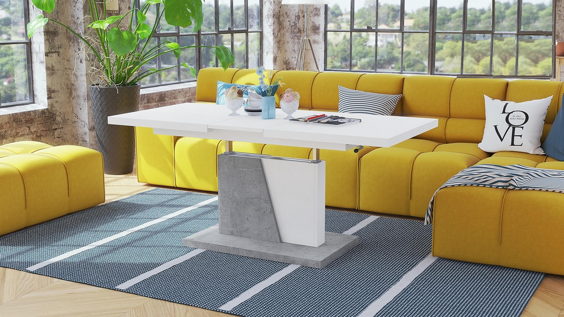 COUCHTISCH rechteckig Weiß matt - Beton ausziehbar höhenverstellbar - Hellgrau/Weiß, Holzwerkstoff (70/120/60cm) - designimpex