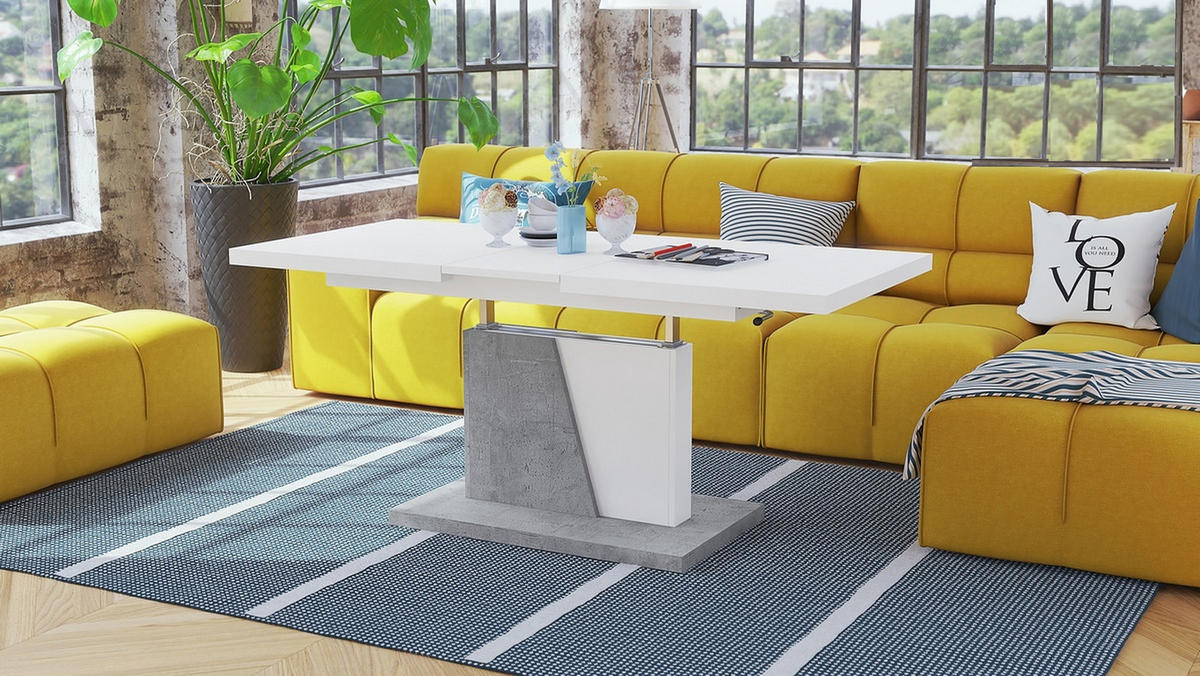 COUCHTISCH rechteckig Weiß matt - Beton ausziehbar höhenverstellbar - Hellgrau/Weiß, Holzwerkstoff (70/120/60cm) - designimpex