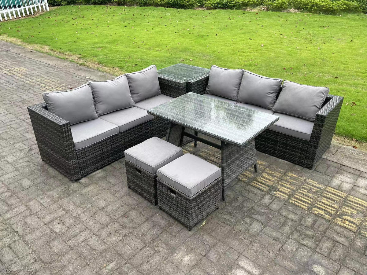 GARTENMÖBELSET mit Hocker Esstisch 8-Sitzer Grau - Dunkelgrau/Grau, Glas/Kunststoff - Fimous