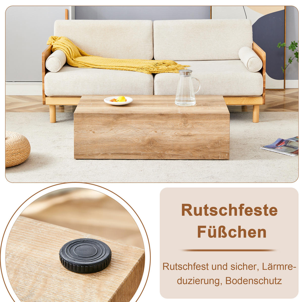 COUCHTISCH 90/50/30 cm in Holzoptik–aus MDF, rechteckig, ohne Montage - Naturfarben, Holzwerkstoff (90/50/30cm) - Flora Grace