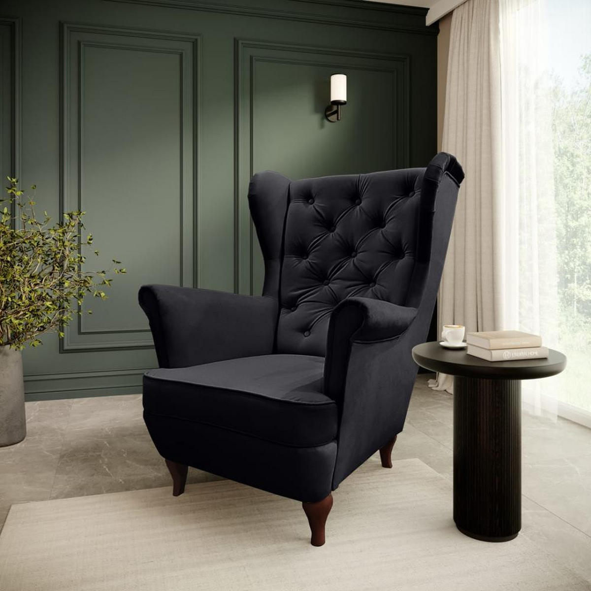 CHESTERFIELD-SESSEL Falco schwarz mit Holzbeinen - Wengefarben/Schwarz, Holz/Textil (82/102/92cm) - Beautysofa