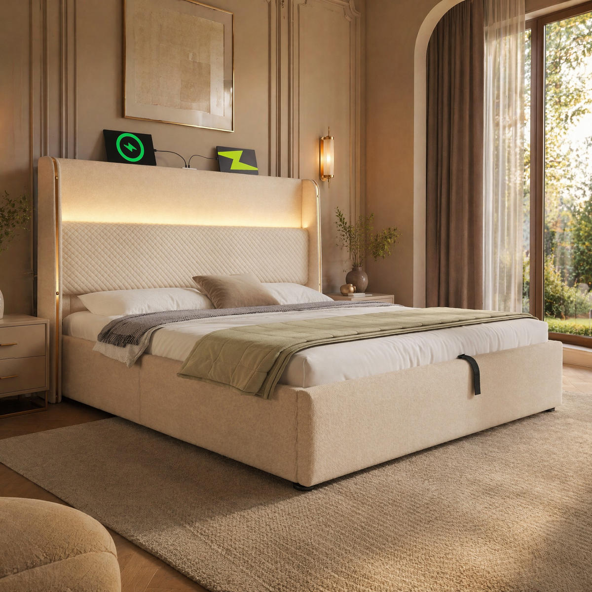 POLSTERBETT 160/200 mit Bettkasten, LED und USB in Beige - Beige, Holzwerkstoff/Textil (160/200cm) - EVRYAE