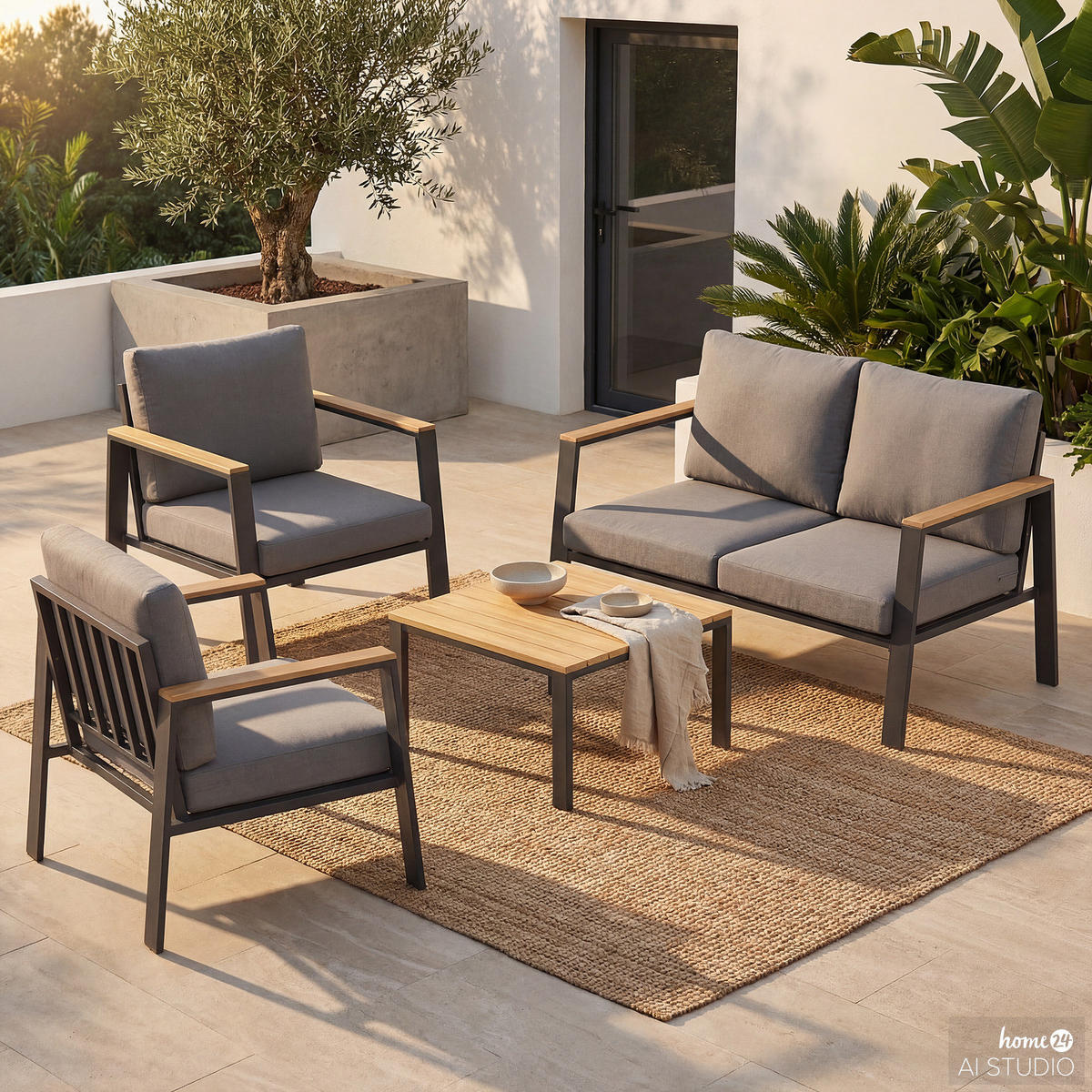 LOUNGESET - 4-teilig - Eukalyptus massiv / Polyester - Braun / Anthrazit - Braun/Grau, Holz/Textil - home24