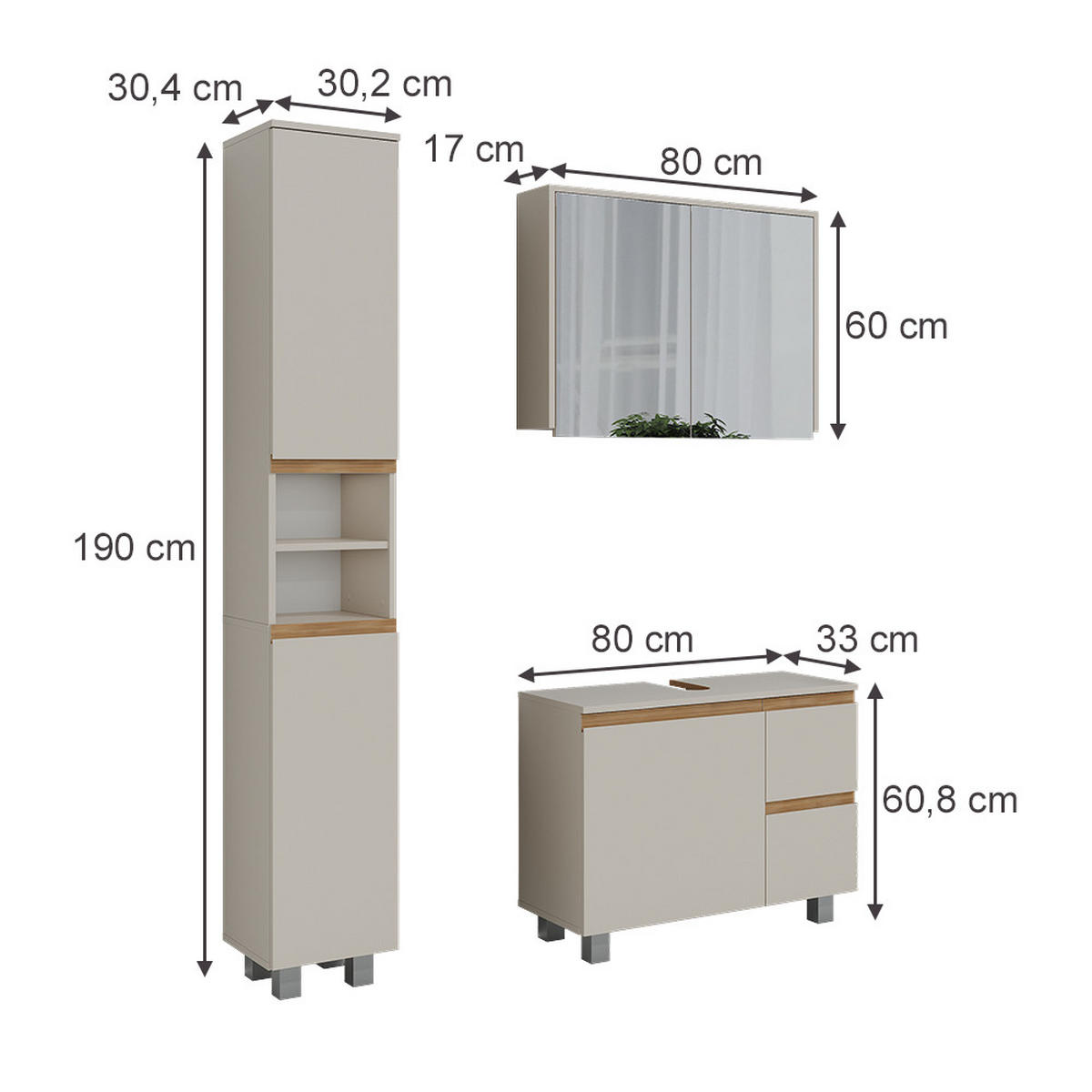 BADMÖBEL-SET J-Shape Cashmere/Artisan 3 Teile - Kaschmir/Hellgrau, Holzwerkstoff (80/60.8/33cm) - Vicco