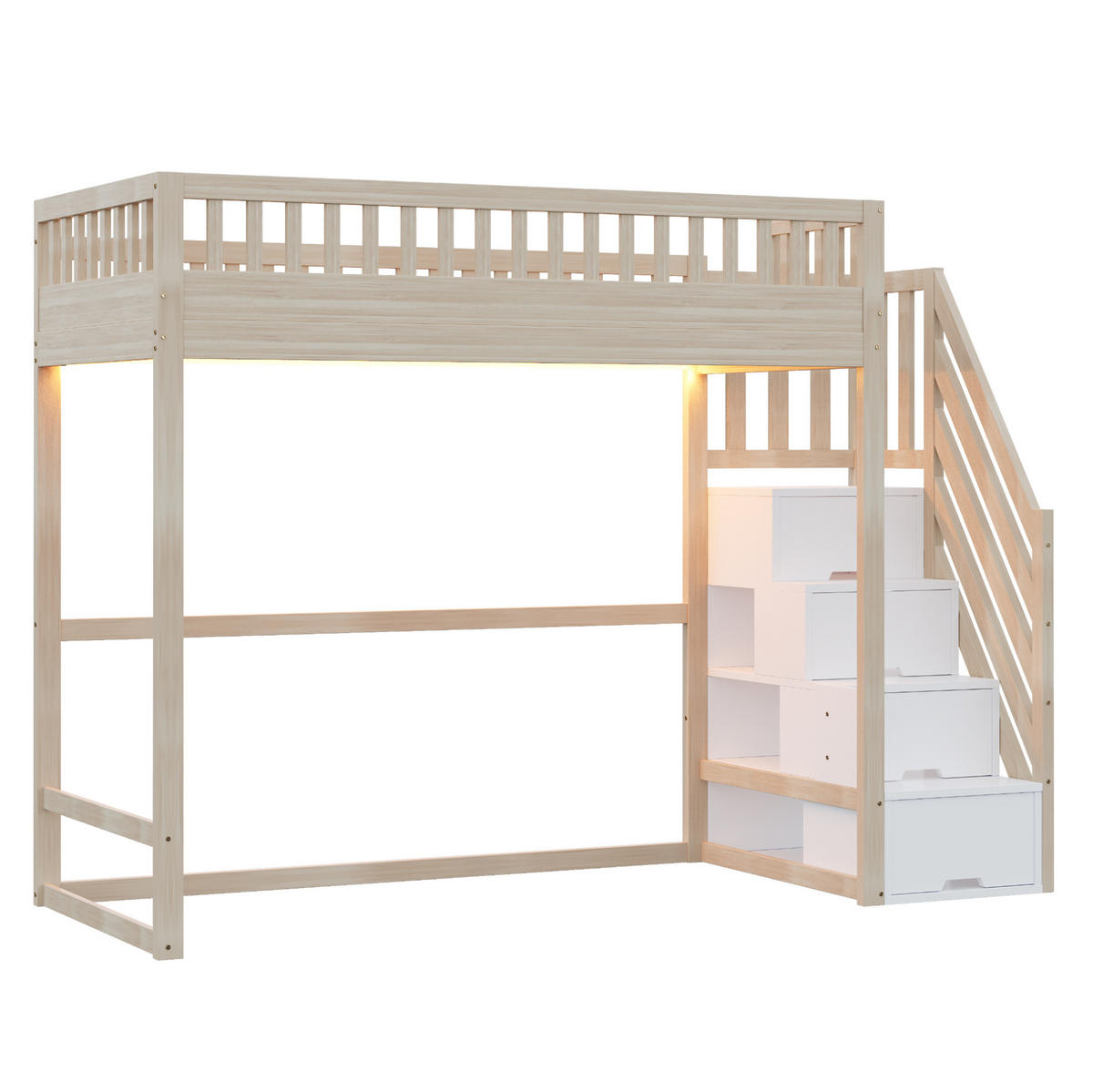 HOCHBETT aus Holz 90x200 cm in Naturholz mit LED & Stauraumtreppe - Naturfarben, Holz (90/200cm) - Modfu