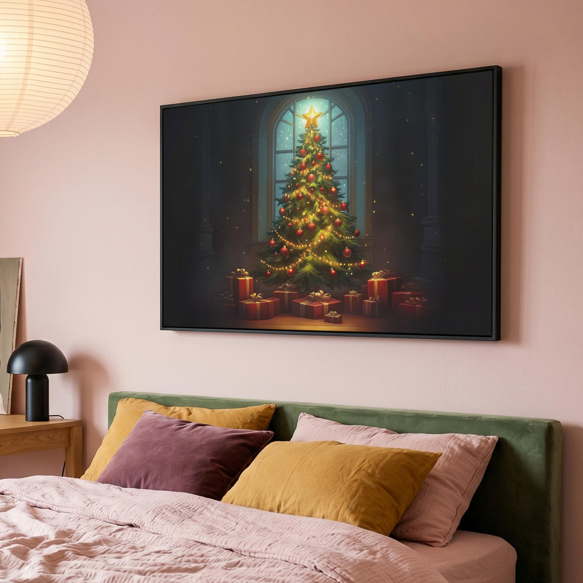 LEINWAND Bilder mit Rahmen - Weihnachtsbaum - Geschenk - Winter - 120x80 - Grün, Textil (120/80cm) - MuchoWow