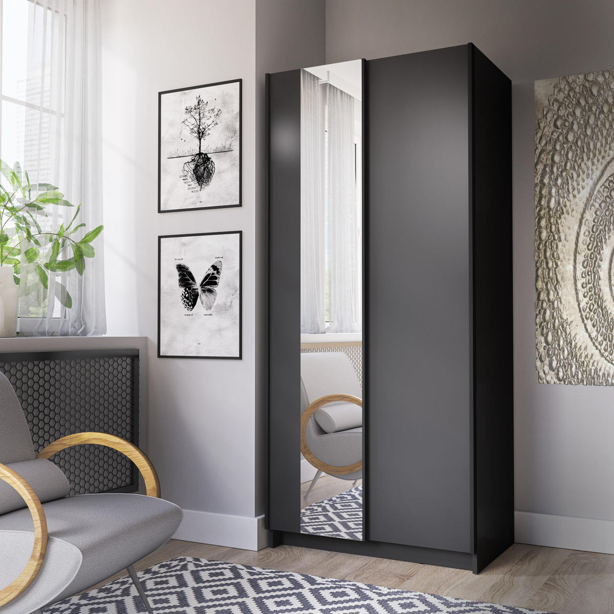 SCHIEBETÜRENSCHRANK SORVIA 06 - 80×182×54,6 cm 2-Türig Schwarz - Schwarz, Holzwerkstoff (80/182/54.6cm) - Milaros Markt