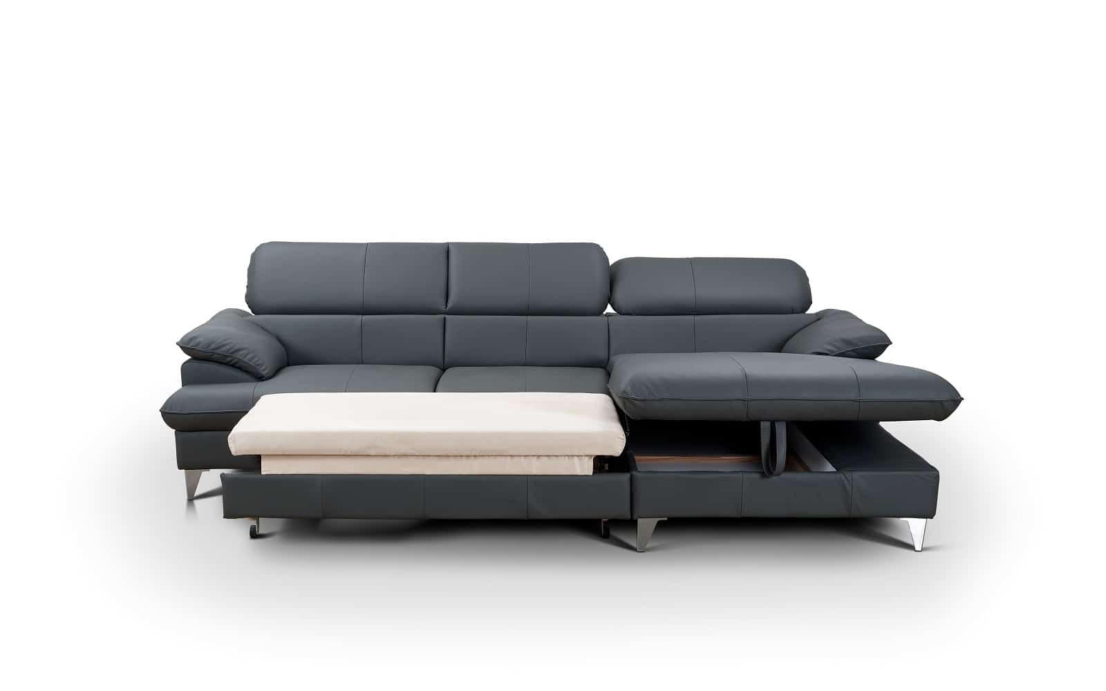 ECKSOFA mit Schlaffunktion und Bettkasten, Echtleder - Chromfarben/Anthrazit, Leder/Holz (167/254cm) - Cotta