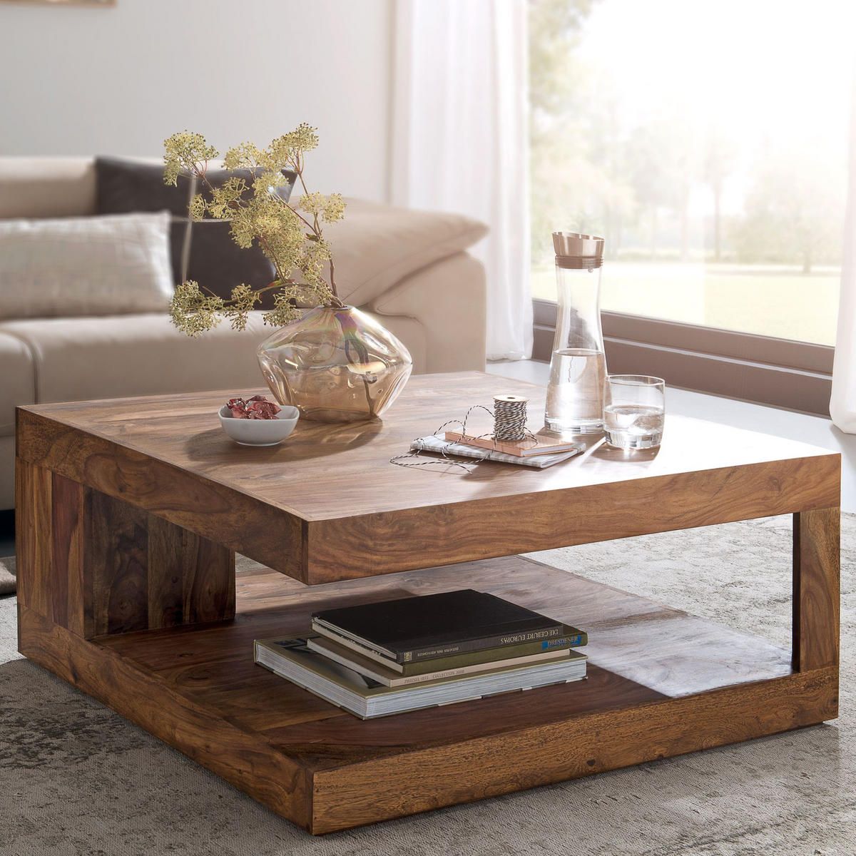 COUCHTISCH Sheesham Massivholz, Quadratisch, Maße 90x90 cm, Einzigartiges Unikat - Braun, Holz (90/90/40cm) - KADIMA DESIGN