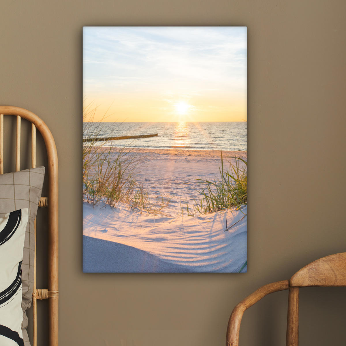 LEINWANDBILD Strand - Sonne - Düne - Gras - Sand - Horizont 60x90 cm - Hellblau, Textil (60/90cm) - MuchoWow