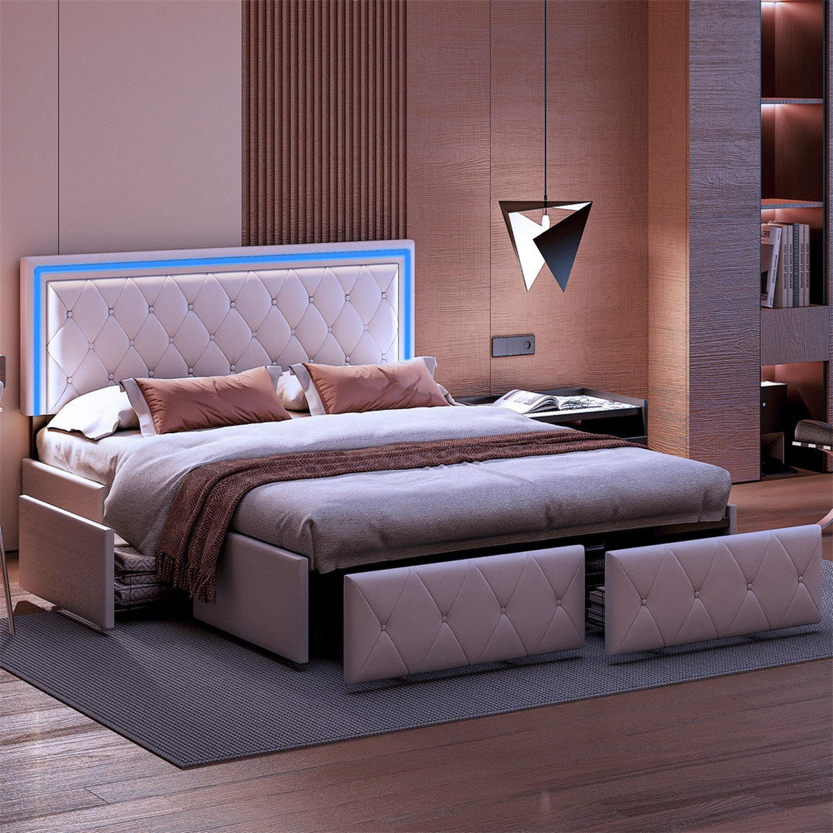 POLSTERBETT 140x200 cm - Doppelbett mit 4 Schubladen und LED-Kopfteilbeleuchtung - Creme-Weiß - ohne Matratze - Beige, Textil (140/200cm) - DELFA