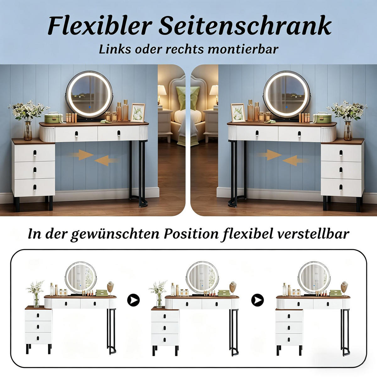SCHMINKTISCH mit verstellbarem runden LED-Spiegel / 5 Schubladen / gepolstertem Hocker - Braun, Glas (125/100/40cm) - Vallsero