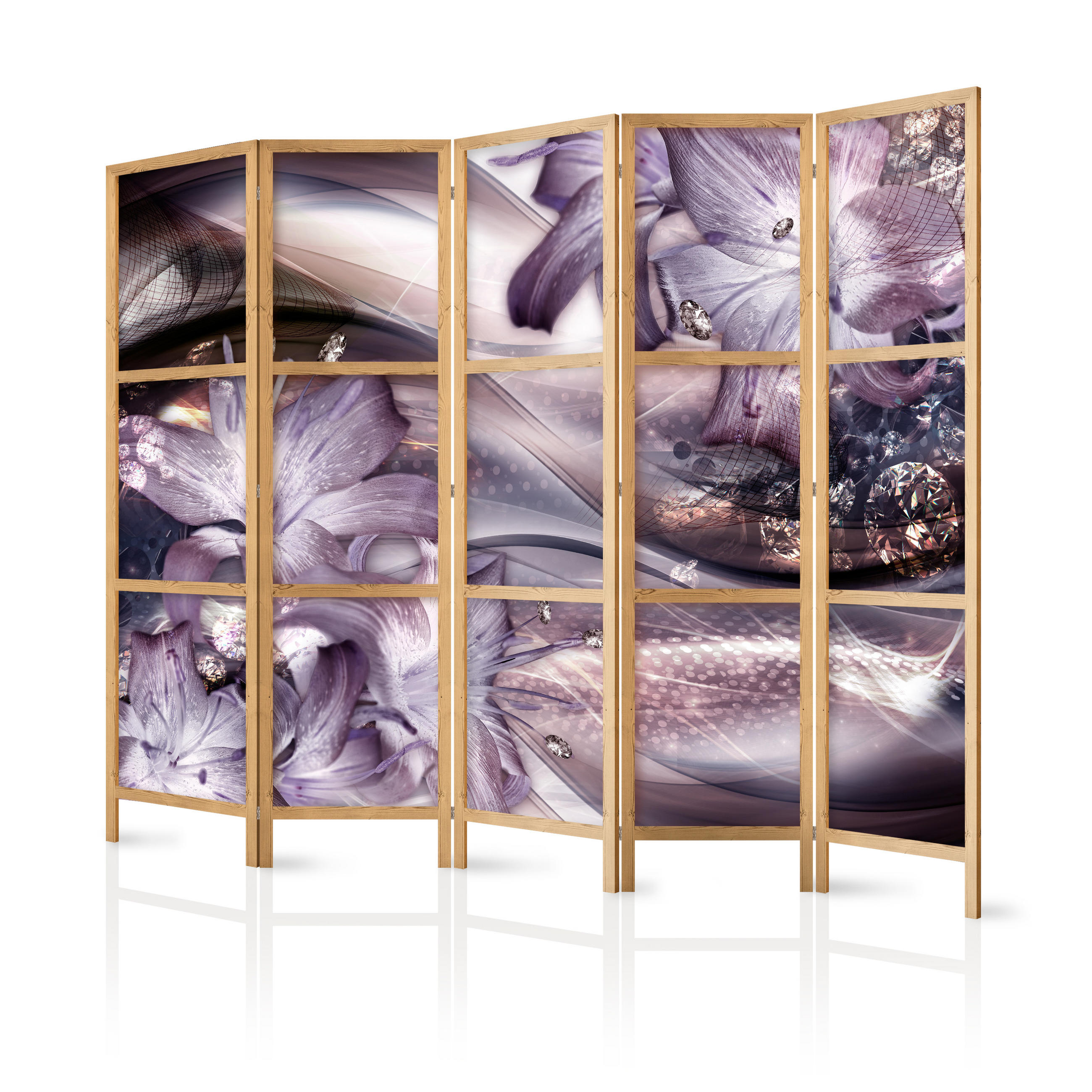 PARAVENT Japanischer 5-tlg 225x172 cm Lilien abstrakte Muster - Lila, Holz/Textil (225/172/3cm) - Muralo