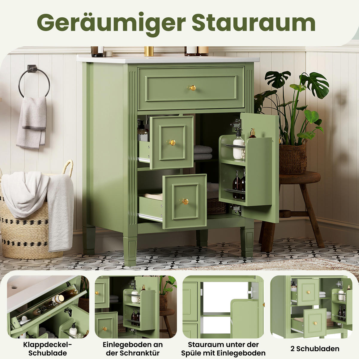 BADEZIMMERSCHRANK Grün Hochglanz Klapptür Schubladen 61cm - Grün, Keramik (61/86/47cm) - FLIEKS