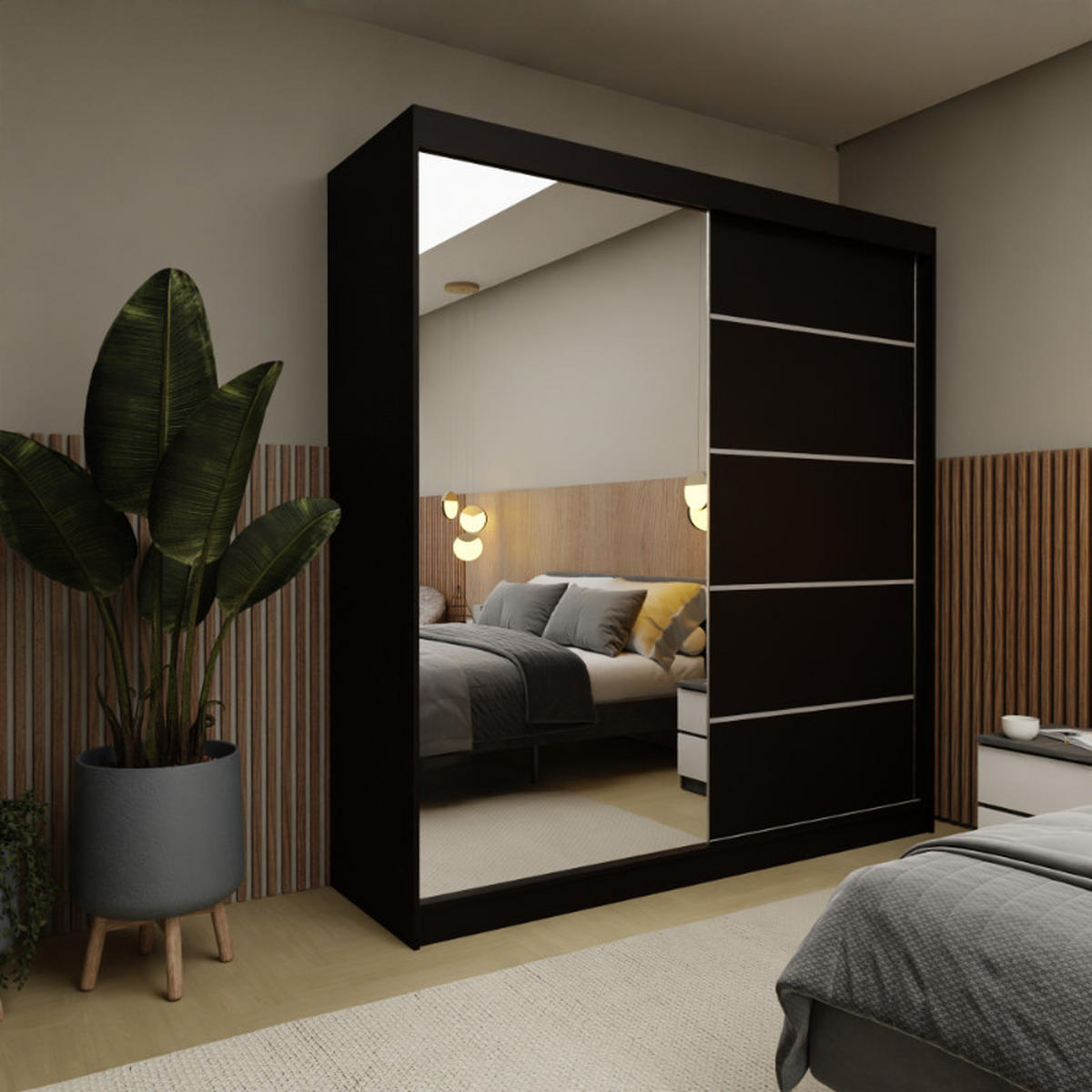 SCHWEBETÜRENSCHRANK Samantha 200 cm mit Spiegel, 2-türig, schwarz - Schwarz, Kunststoff (200/216/61cm) - Margaret Hadas24
