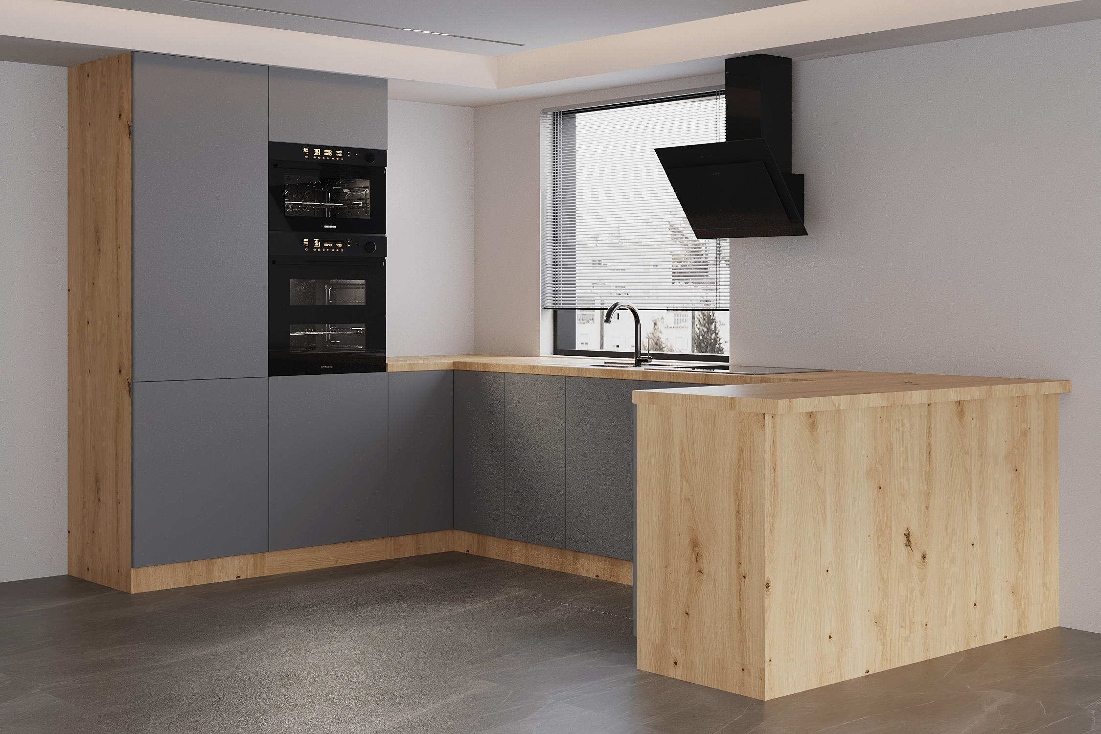ECKKÜCHE 210 × 320 ×150 cm - Langen K103-M680 - in Beige / Matt - Beige/Schwarz, Holz/Holzwerkstoff (320/212/210cm)
