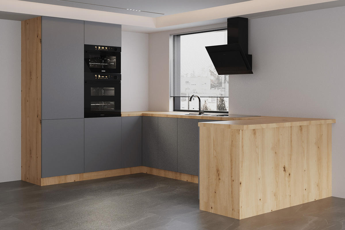 ECKKÜCHE 210 × 320 ×150 cm - Langen K103-M680 - in Beige / Matt - Beige/Schwarz, Holz/Holzwerkstoff (320/212/210cm)