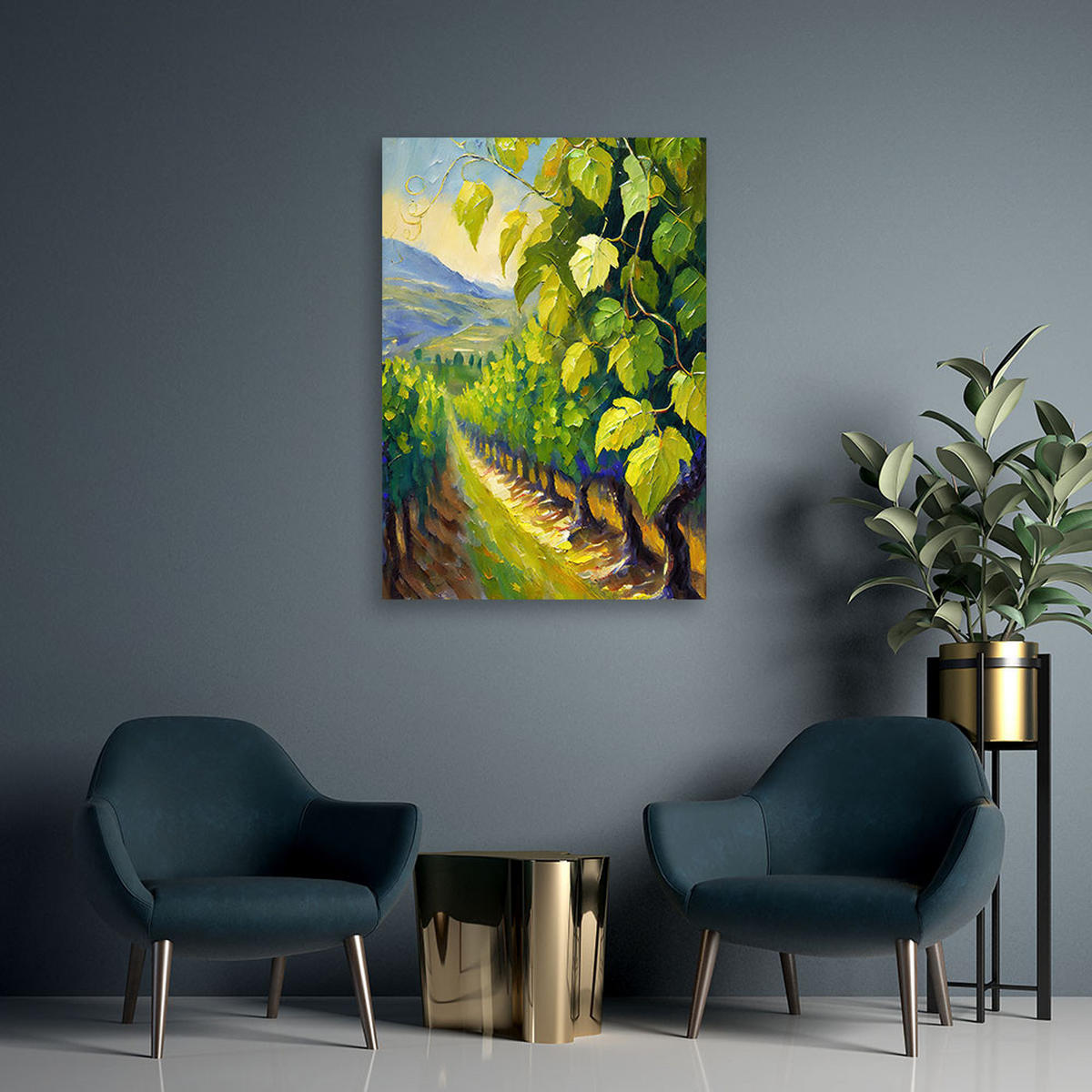 LEINWANDBILD Weinberg Trauben Blätter gemalt 80x120cm - Grün, Textil (80/120cm) - Feeby