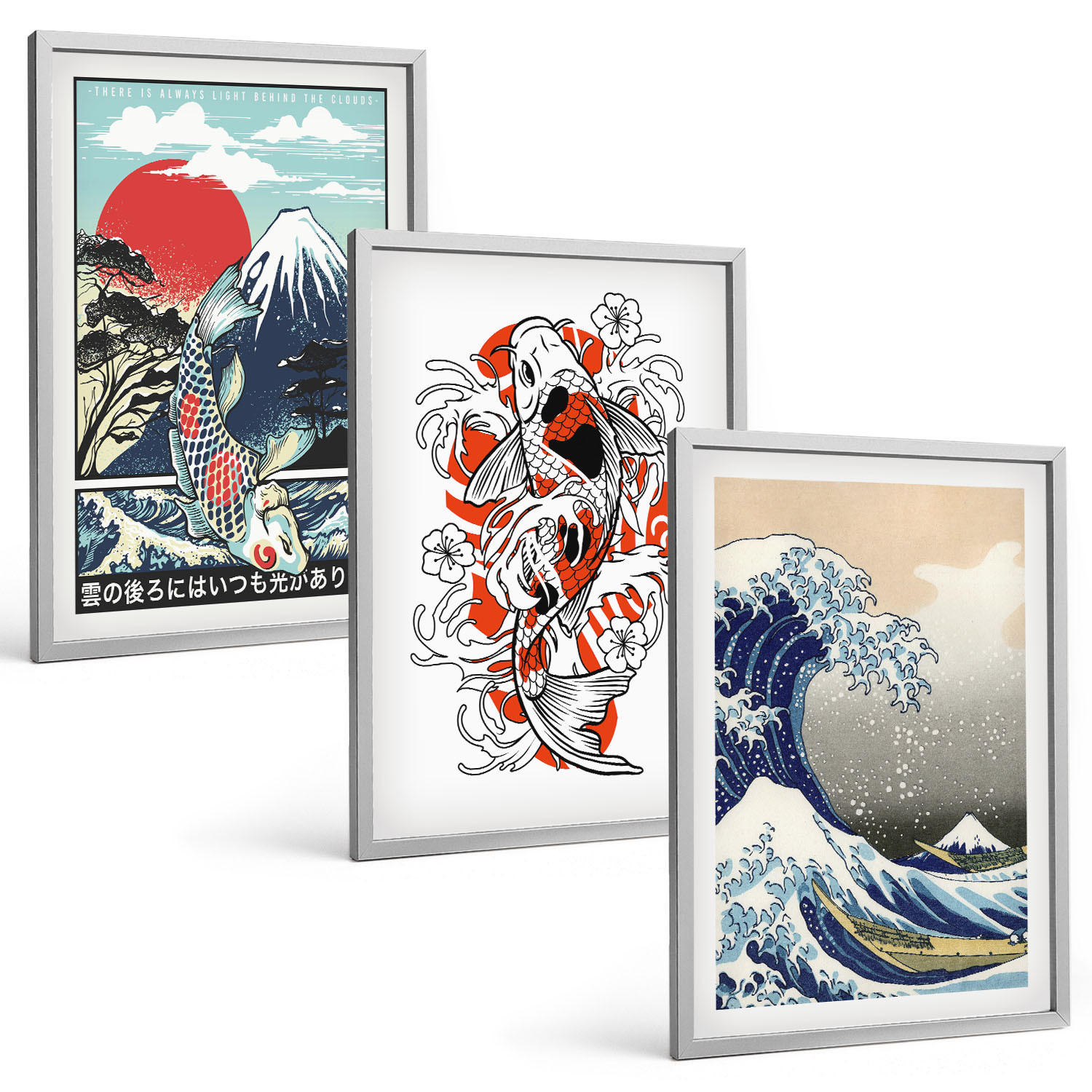 BILDER SET 3er Set - 40x60 cm Silberner Rahmen - Berge von Fischen Große Welle Japan - Silberfarben, Kunststoff (40/60cm) - TULUP