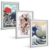 BILDER SET 3er Set - 40x60 cm Silberner Rahmen - Berge von Fischen Große Welle Japan - Silberfarben, Kunststoff (40/60cm) - TULUP