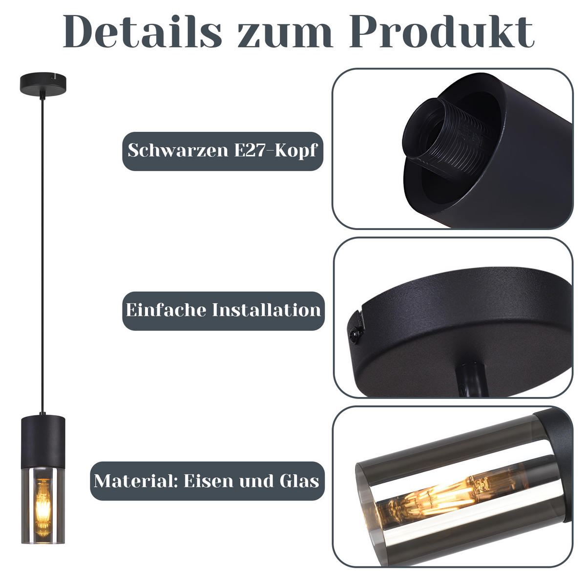 PENDELLEUCHTE Kaelisynn 10/10/30 cm - Schwarz, Metall (10/10/30cm) - ZMH