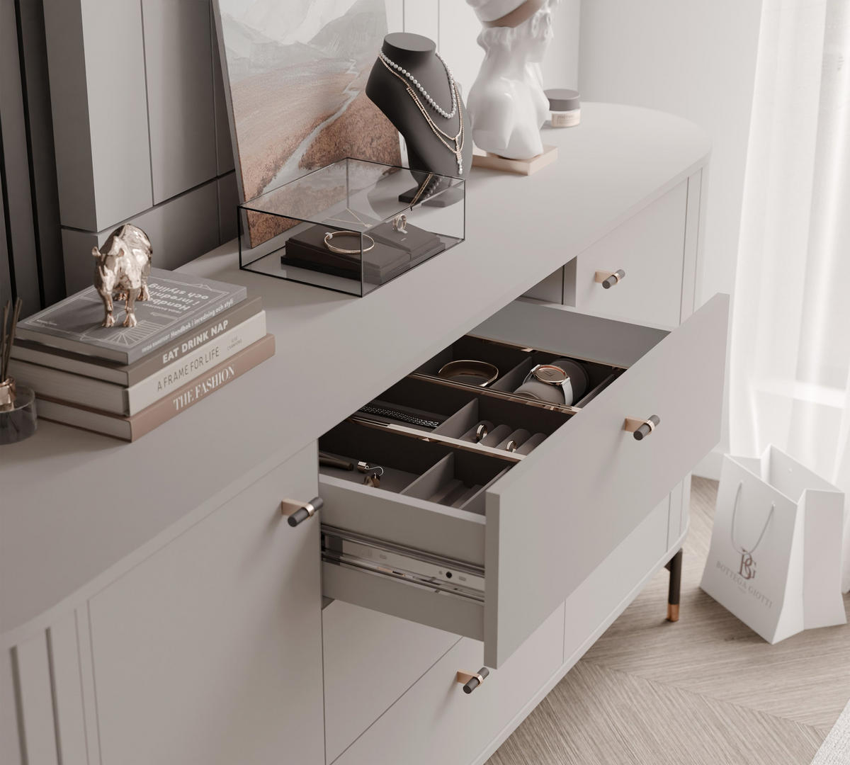 KOMMODE geriffelt, mit drei Schubladen, Kaschmir - Kaschmir, Holzwerkstoff (190/81/40cm) - Idohome