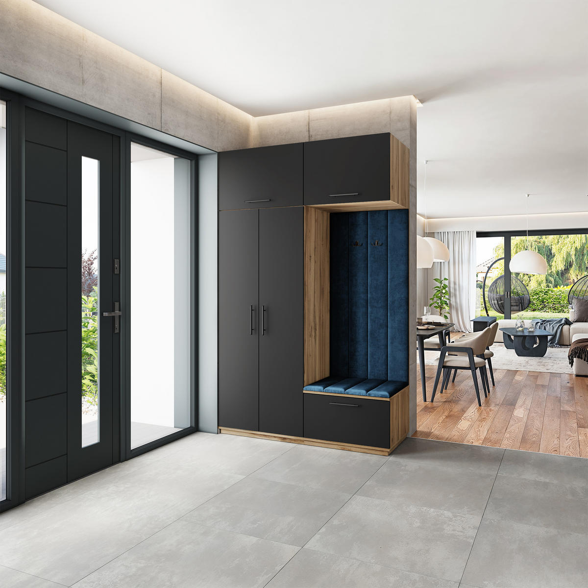 GARDEROBENSCHRANK REMA 150/240/60 cm Modern Garderobe-Set Eiche Wotan - Blau/Eiche Wotan, Holzwerkstoff (150/240/60cm) - MASSENO