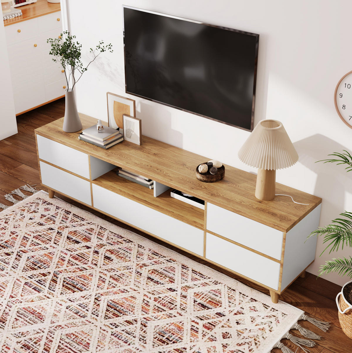 TV-ELEMENT mit 4 Türen 175 x 37 x 51 cm MDF Weiß und Holzoptik - Weiß, Holzwerkstoff (37/51/175cm) - Beauniv