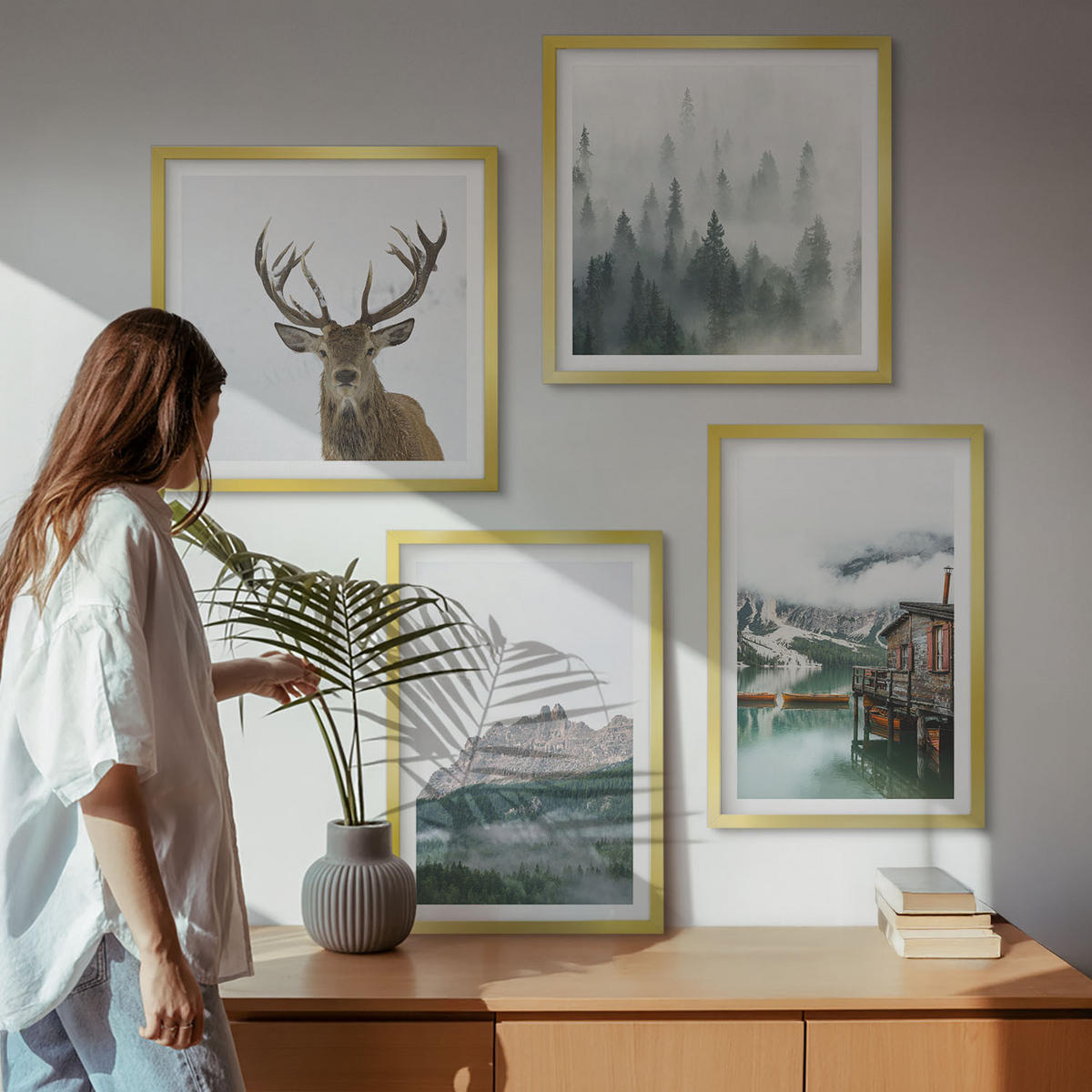 WANDBILDER 4er Set - 50x50 cm & 40x60 cm Goldrahmen - Berge, See, Hirsche, Hütte, Nebel - Goldfarben, Kunststoff (50/50cm) - ArtPrintCave