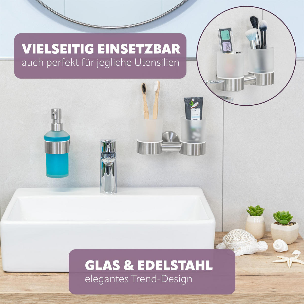 DOPPEL-GLASBECHERHALTER PIAZZA Edelstahl, inkl. Klebeset - Edelstahlfarben, Metall (17.5/10.5/11cm) - bremermann