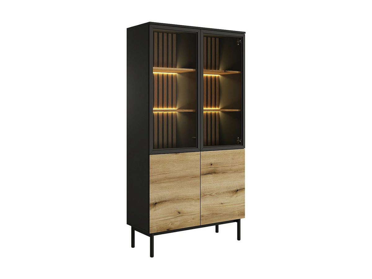 VITRINENSCHRANK mit 4 Türen - Mit LED-Beleuchtung - Holzfarben & Schwarz - LABENIA - Schwarz, Holz (100.1/188.4/39.4cm) - Vente-Unique