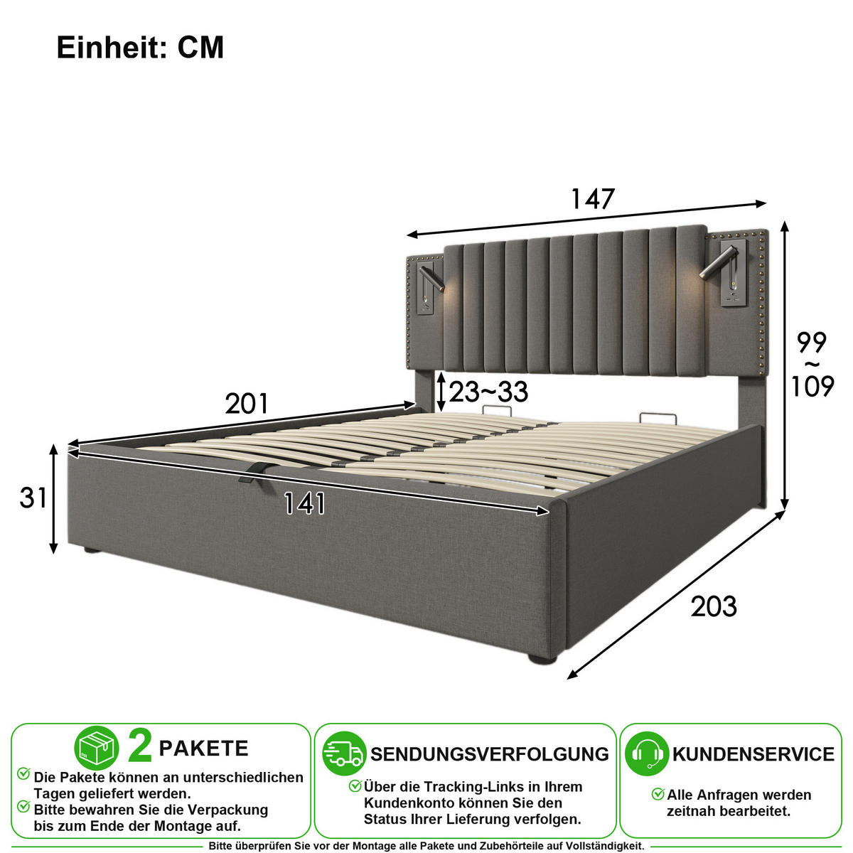 POLSTERBETT 140/200 cm in Grau mit Bettkasten, Leselicht und USB/Type-C Stoff - Grau, Holzwerkstoff/Textil (140/200cm) - CHICFURN