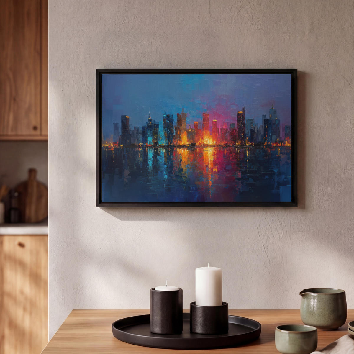 LEINWAND Bilder mit Rahmen - Skyline - Pinselstriche - Dunkelblau - Leuchtend - 30x20 - Blau, Textil (30/20cm) - MuchoWow