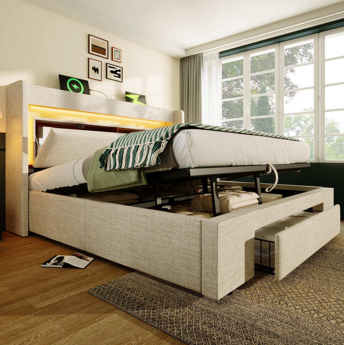 POLSTERBETT mit Stauraum 180x200 cm Beige Leinen USB und LED - Beige, Metall (180/200cm) - Meubliv