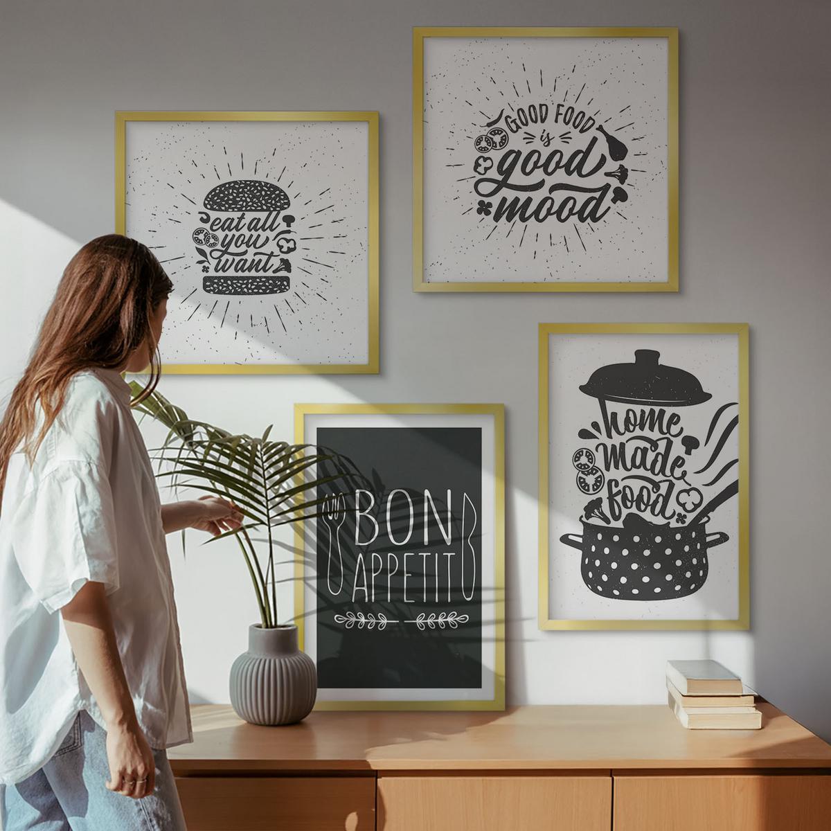 BILDER SET 4er Set - 50x50 cm & 40x60 cm Goldrahmen - Grafiken, Lebensmittel, kulinarische Slogans - Goldfarben, Kunststoff (50/50cm) - TULUP