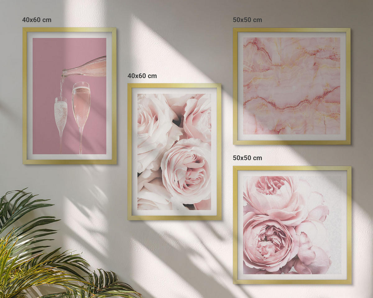 WANDBILDER 4er Set - 50x50 cm & 40x60 cm Goldrahmen - Rosen, Champagner, Marmor, Pastell - Goldfarben, Kunststoff (50/50cm) - ArtPrintCave
