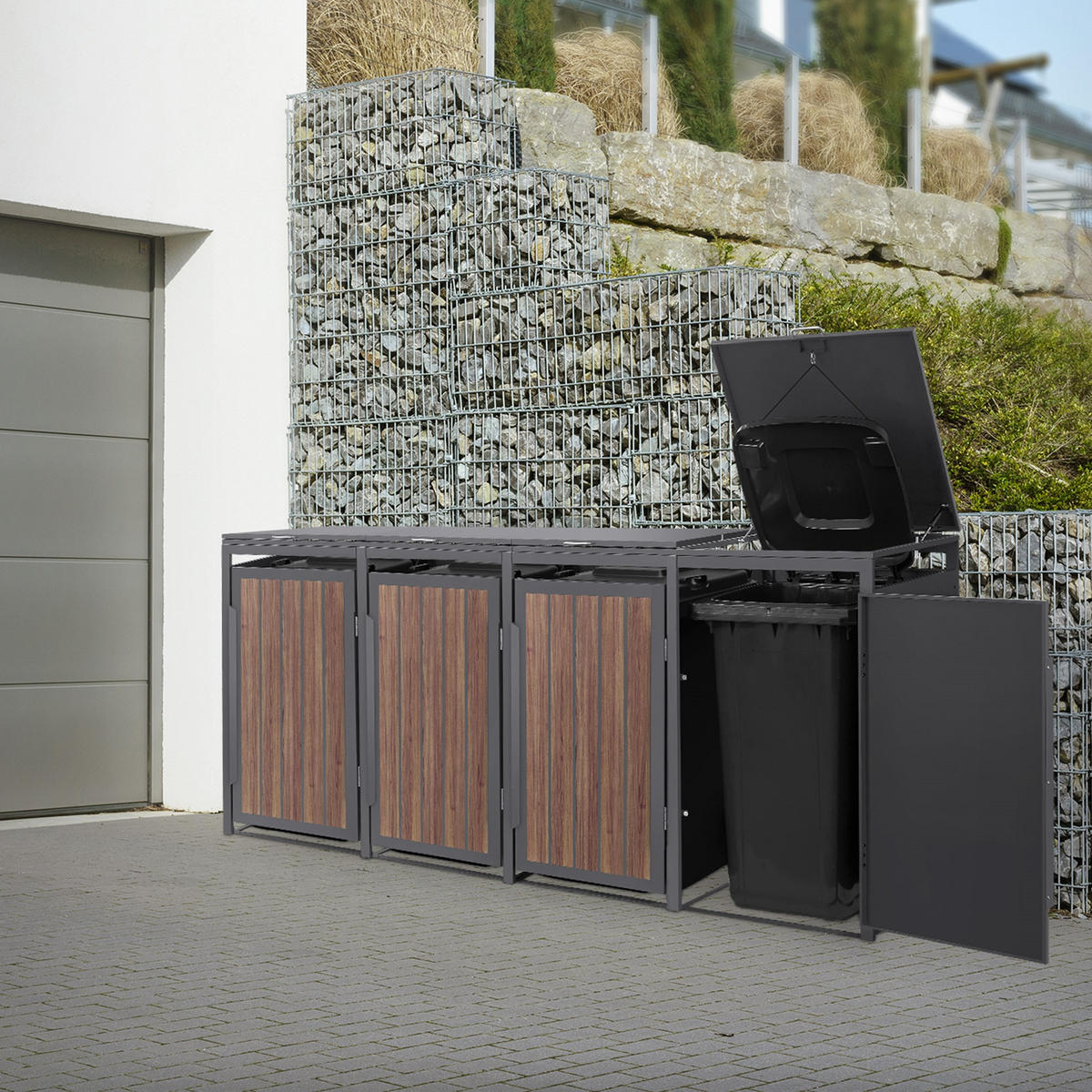 MÜLLTONNENBOX 4er 240L 260x80x120 cm Anthrazit-Eiche dunkel aus Stahl - Dunkelbraun, Metall (80/120/260cm) - ML-DESIGN