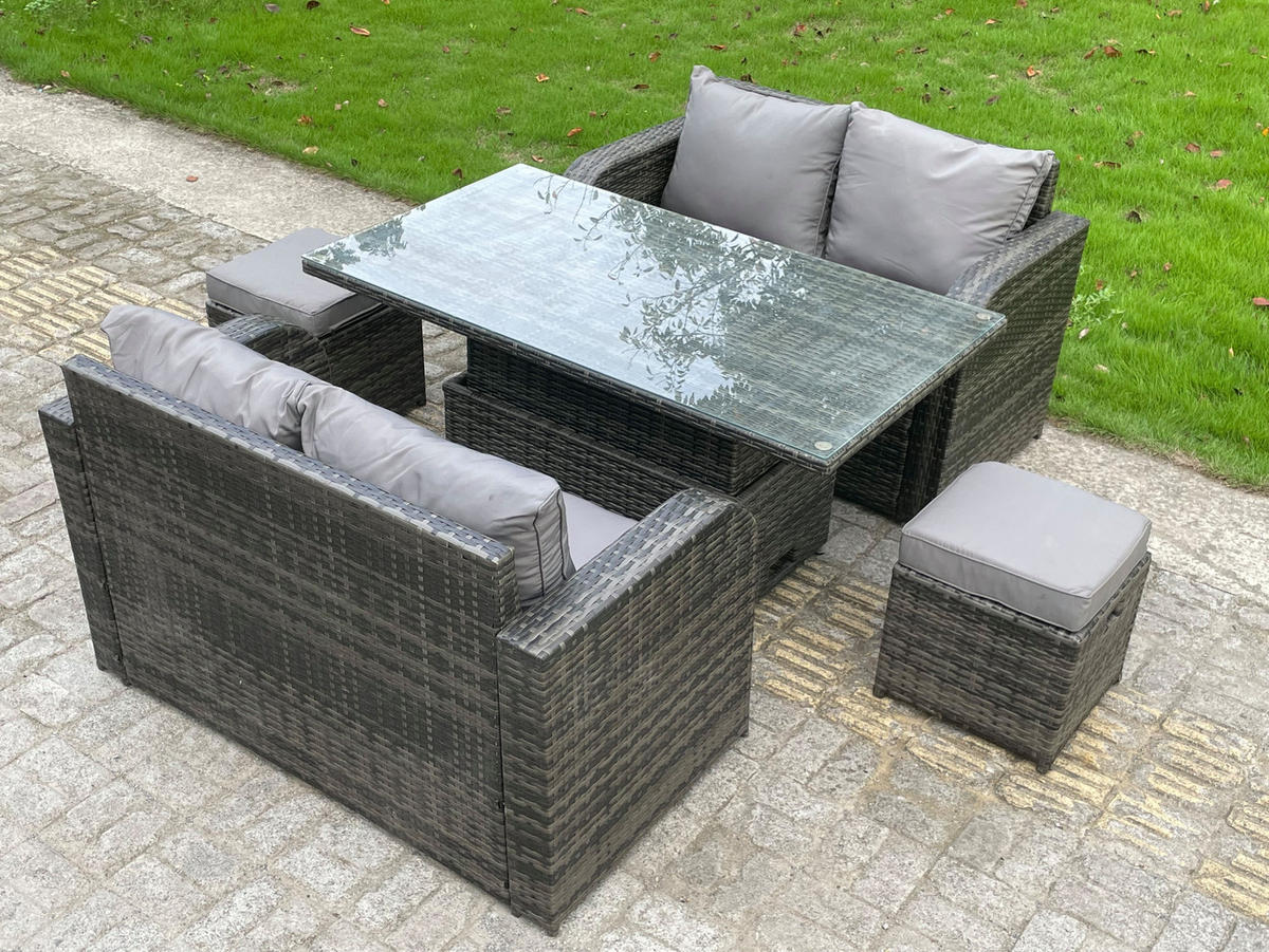 GARTENMÖBEL SET mit Esstisch Polyrattan 6-Sitzer - Dunkelgrau/Grau, Glas/Kunststoff - Fimous