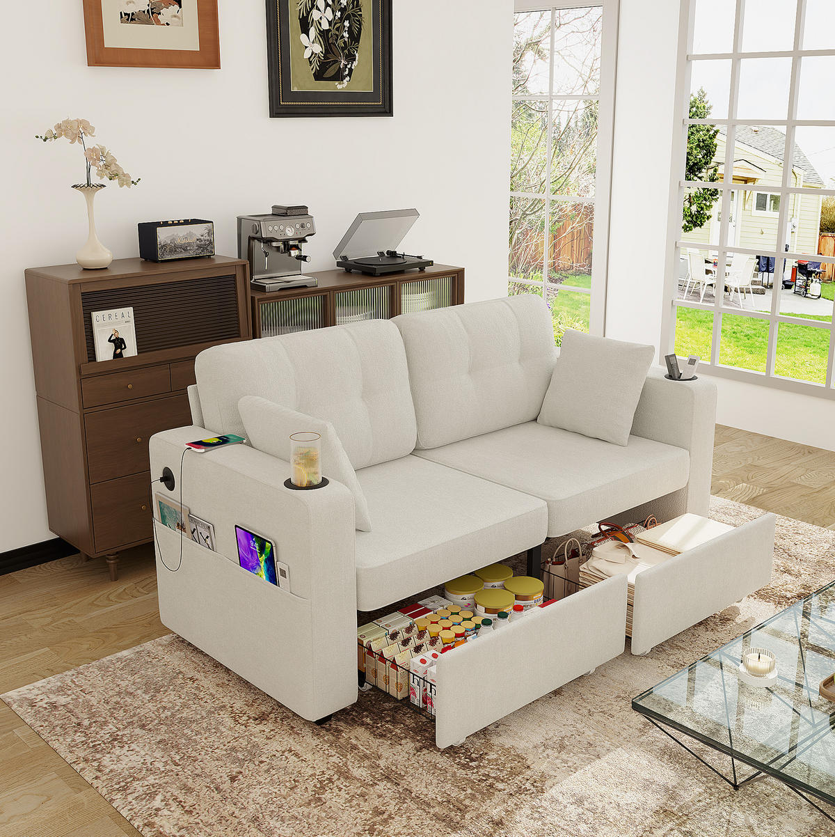 SOFA 2-Sitzer mit Stauraumschubladen USB Chenille Beige - Beige, Holzwerkstoff (172/82/75cm) - Meubliv