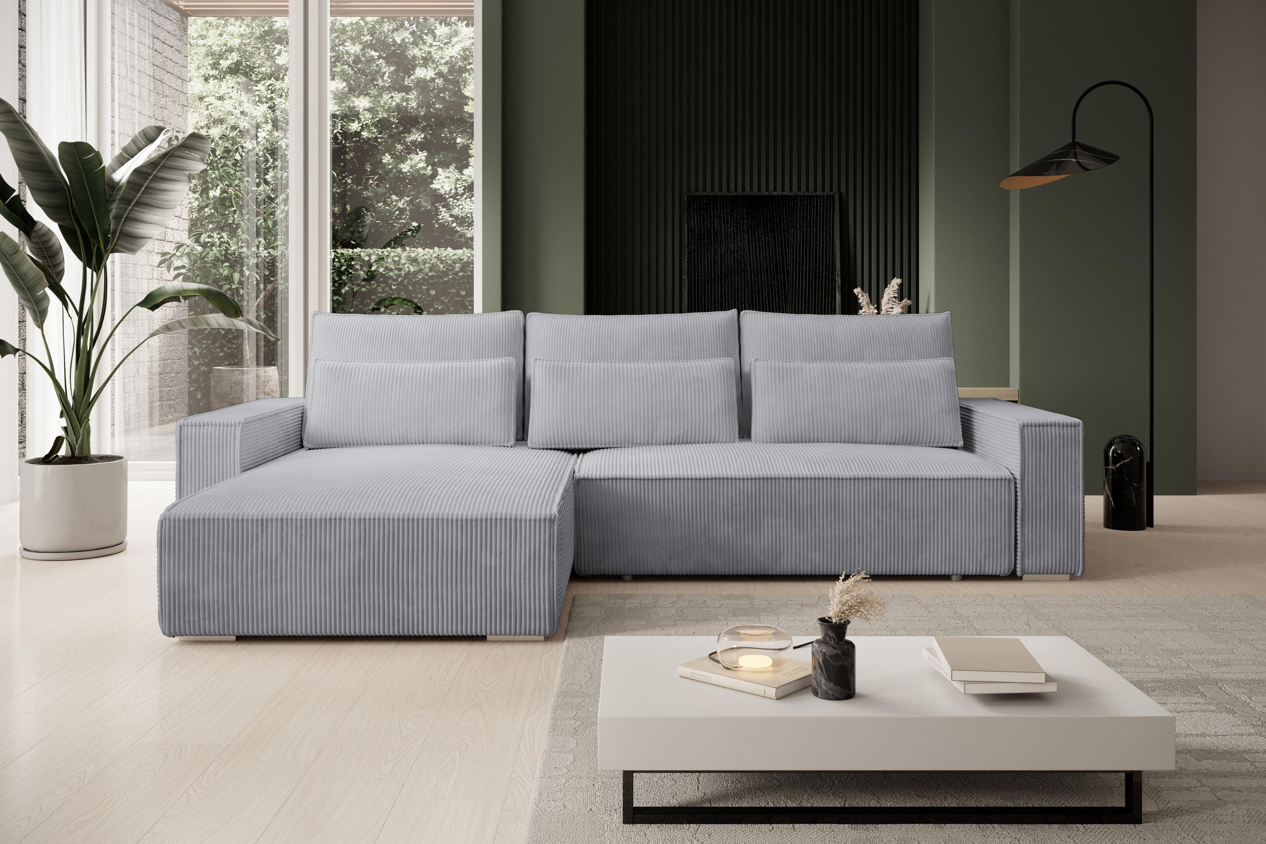 ECKSOFA Alice mit Bettkasten und Schlaffunktion, Cordstoff in L-Form - Grau, Textil (289/184cm)