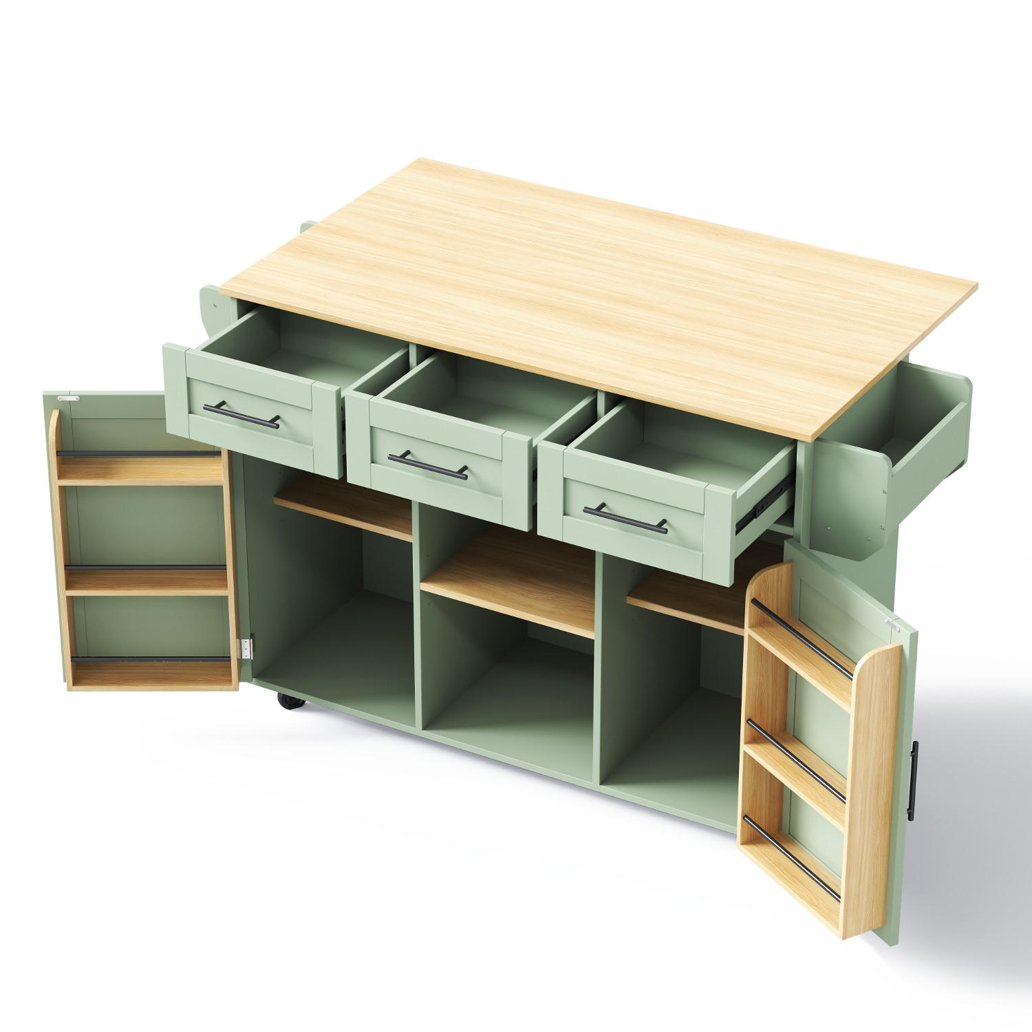 KÜCHENINSEL 139/46/91.5 cm Schwarz mit 3 Schubladen, klappbare Arbeitsplatte und Stauraumtüren - Salbeigrün, Holz/Holzwerkstoff (46/91.5/139cm) - Oxeza
