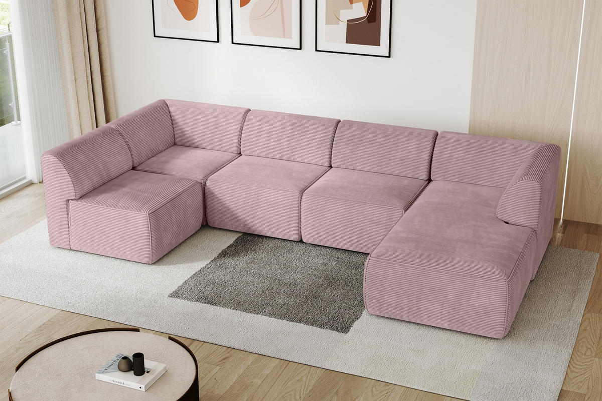 WOHNLANDSCHAFT Ottomane Rechts MOVA 345x180x78 Rosa Cord - Schwarz/Rosa, Holzwerkstoff/Kunststoff (345/78/180cm) - ALTDECOR