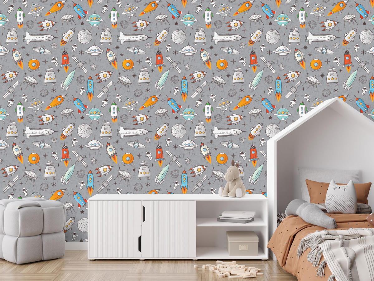 VLIESTAPETE Raketen und Astronauten – Bunt, Grau – 50x1000 cm - Multicolor/Grau, Papier (50/1000cm) - Muralo