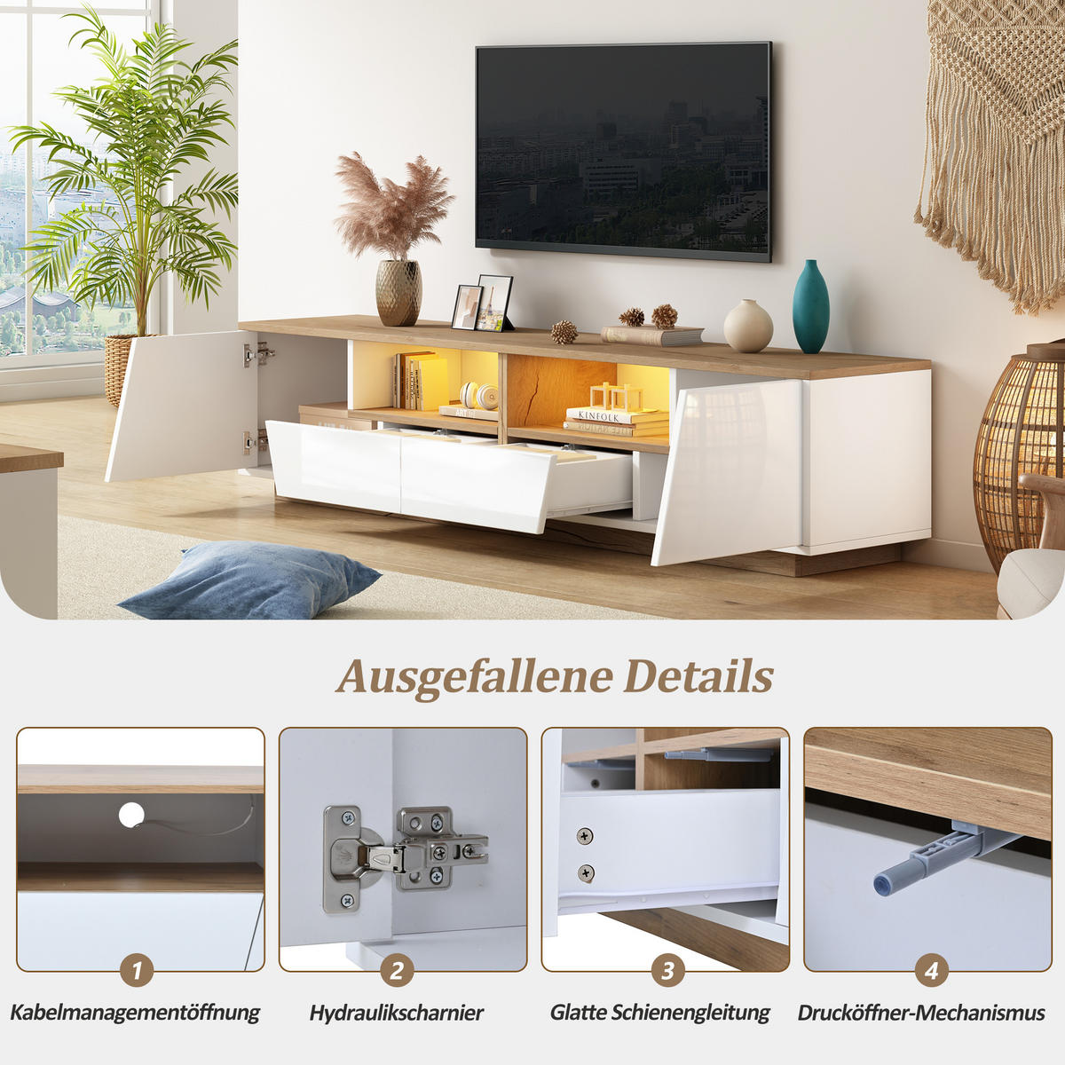 TV-LOWBOARD 180x40x46 cm Weiß Holz LED 2 Schränke 2 Schubladen - Weiß, Holzwerkstoff (40/46/180cm) - FLIEKS