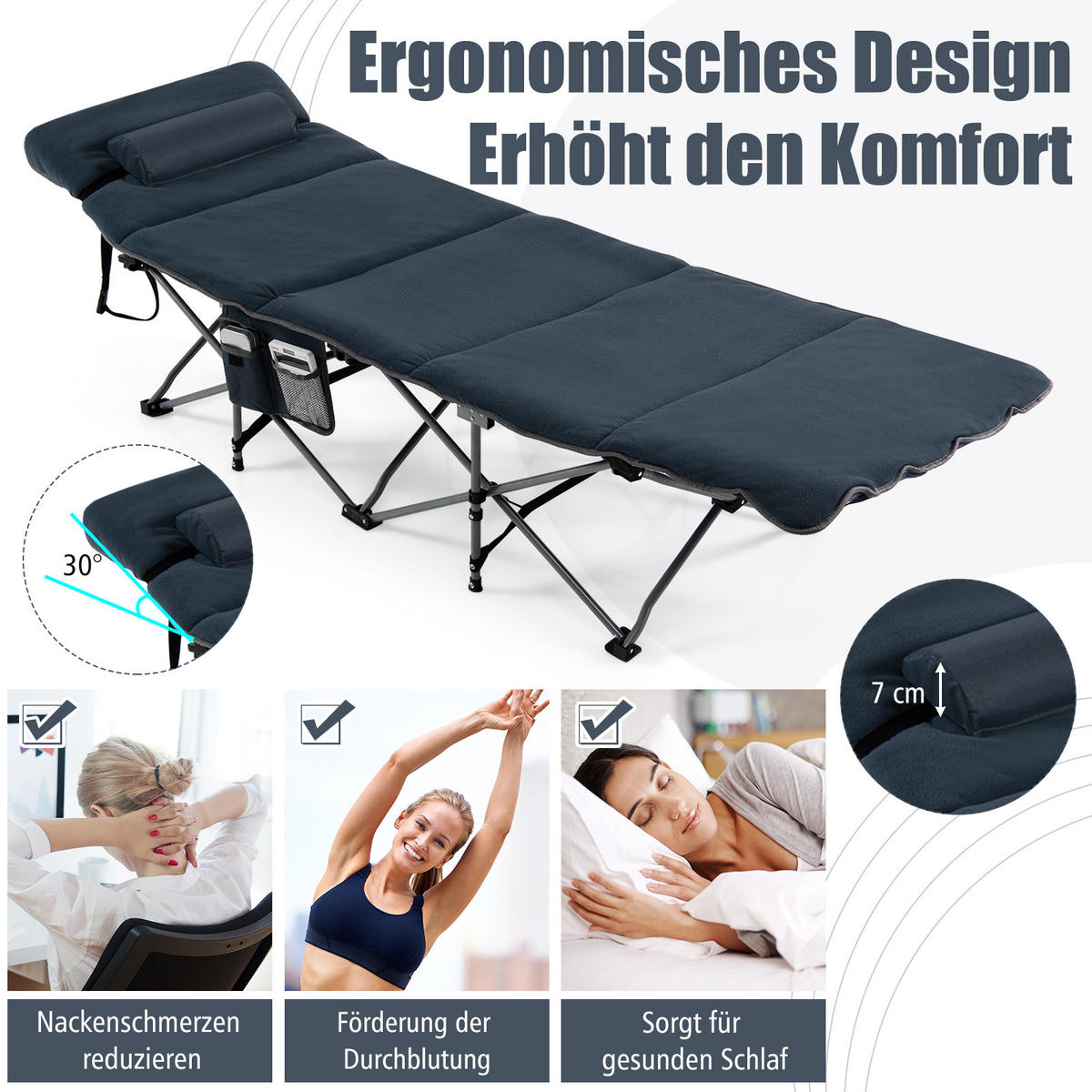 CAMPINGBETT Mit Matratze+Kissen Blau - Blau, Metall - COSTWAY