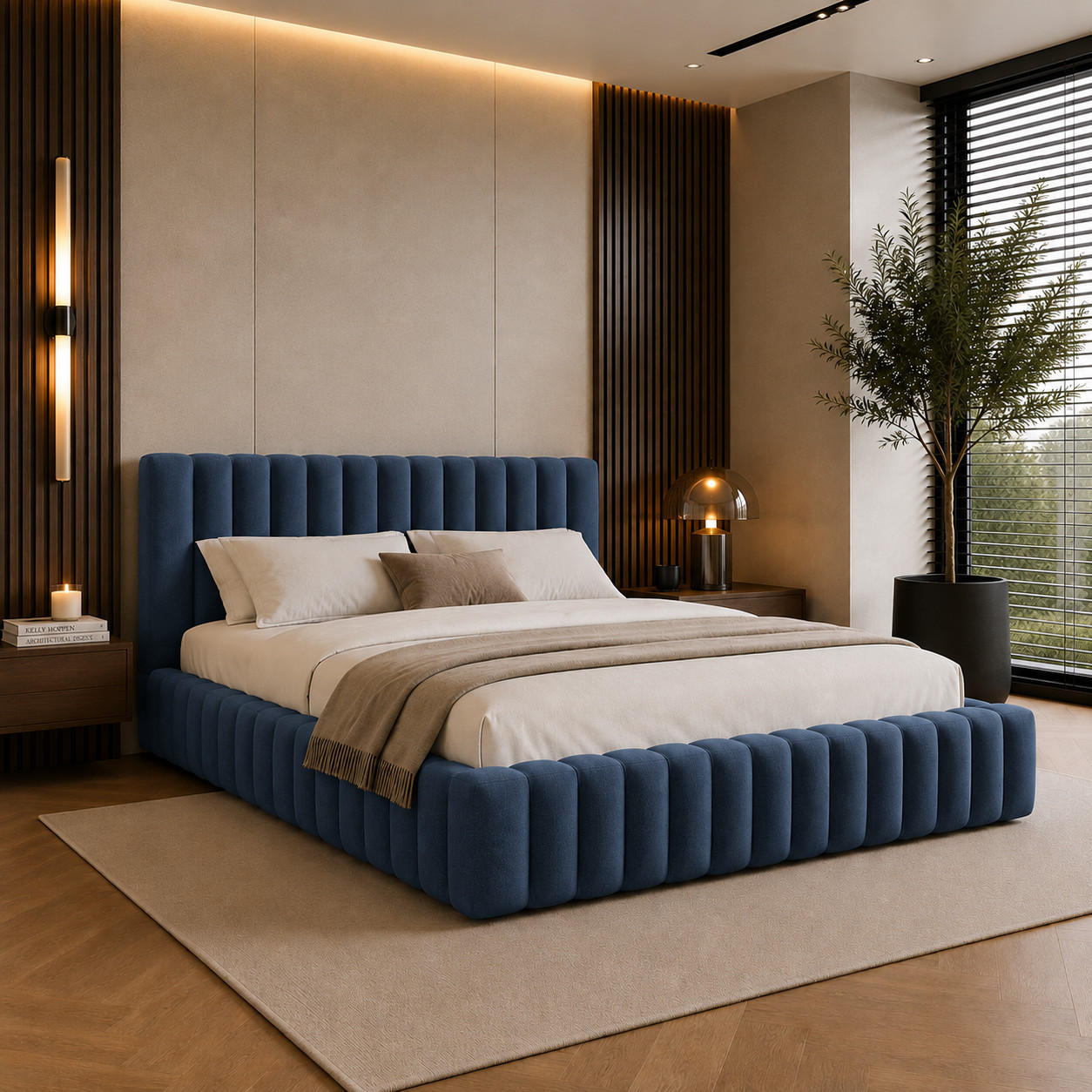 POLSTERBETT BLIVIO 140x200 cm,mit Bettkasten,Lattenrost,Doppelbett,Boxspringbett-Optik-Blau - Dunkelblau, Holz (140/200cm) - Furnistar